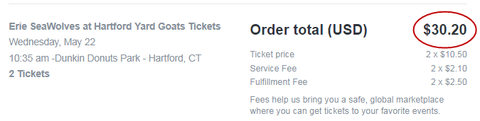 Higher price with StubHub hidden fees